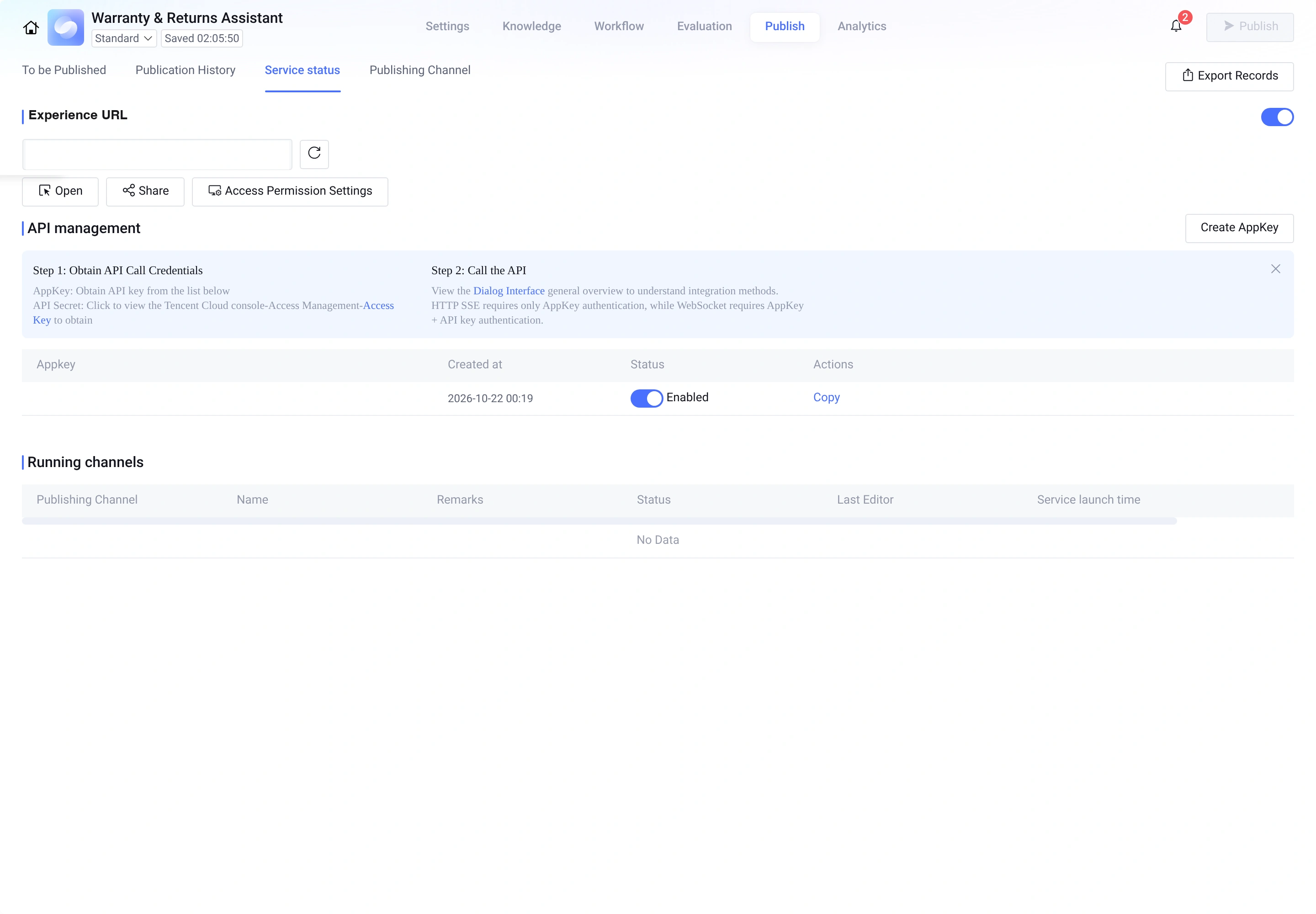 Service status tab with Experience URL and API management after publishing
