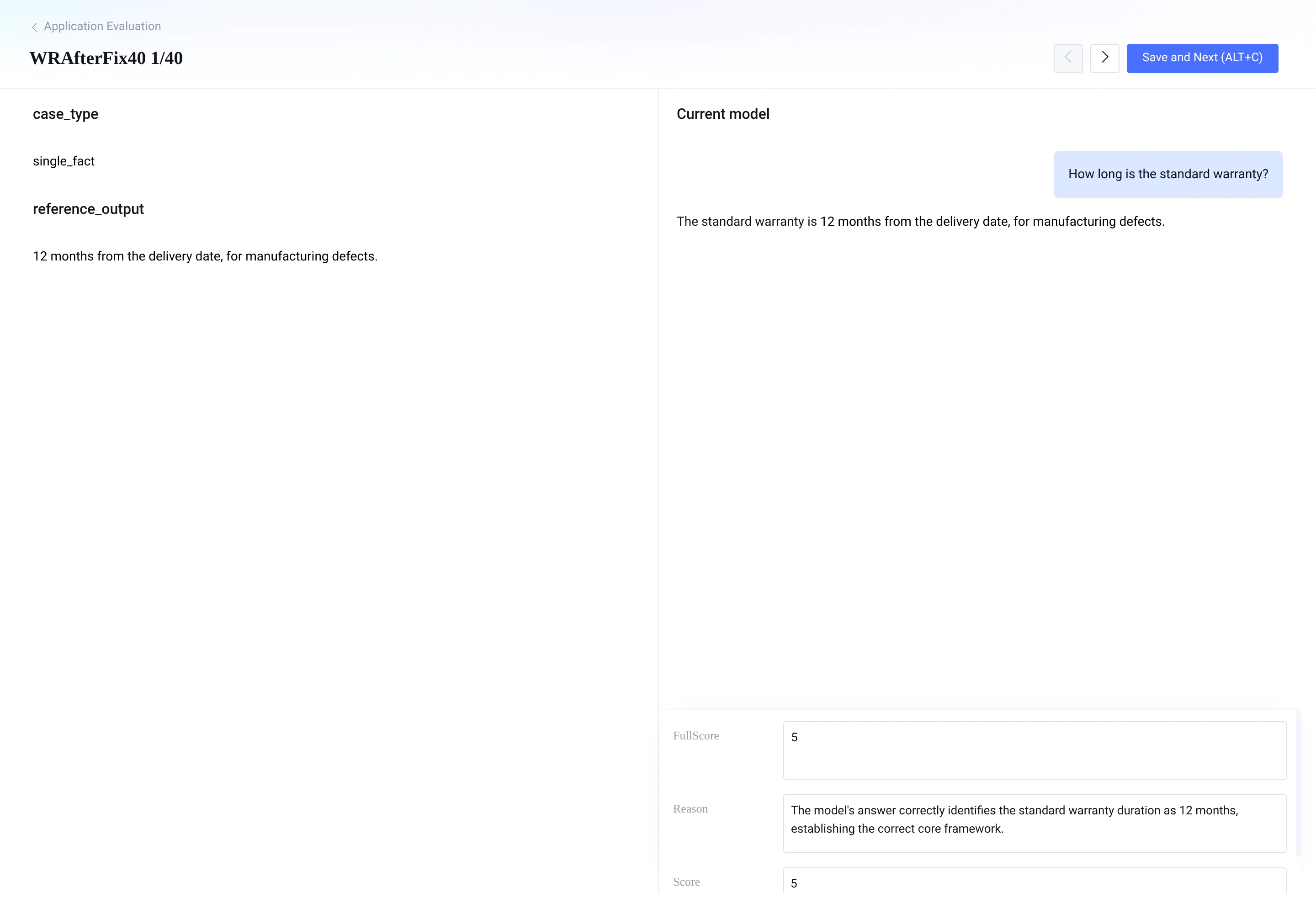 Evaluation review for WRAfterFix40 showing a 5/5 score after fixing the slice and prompt