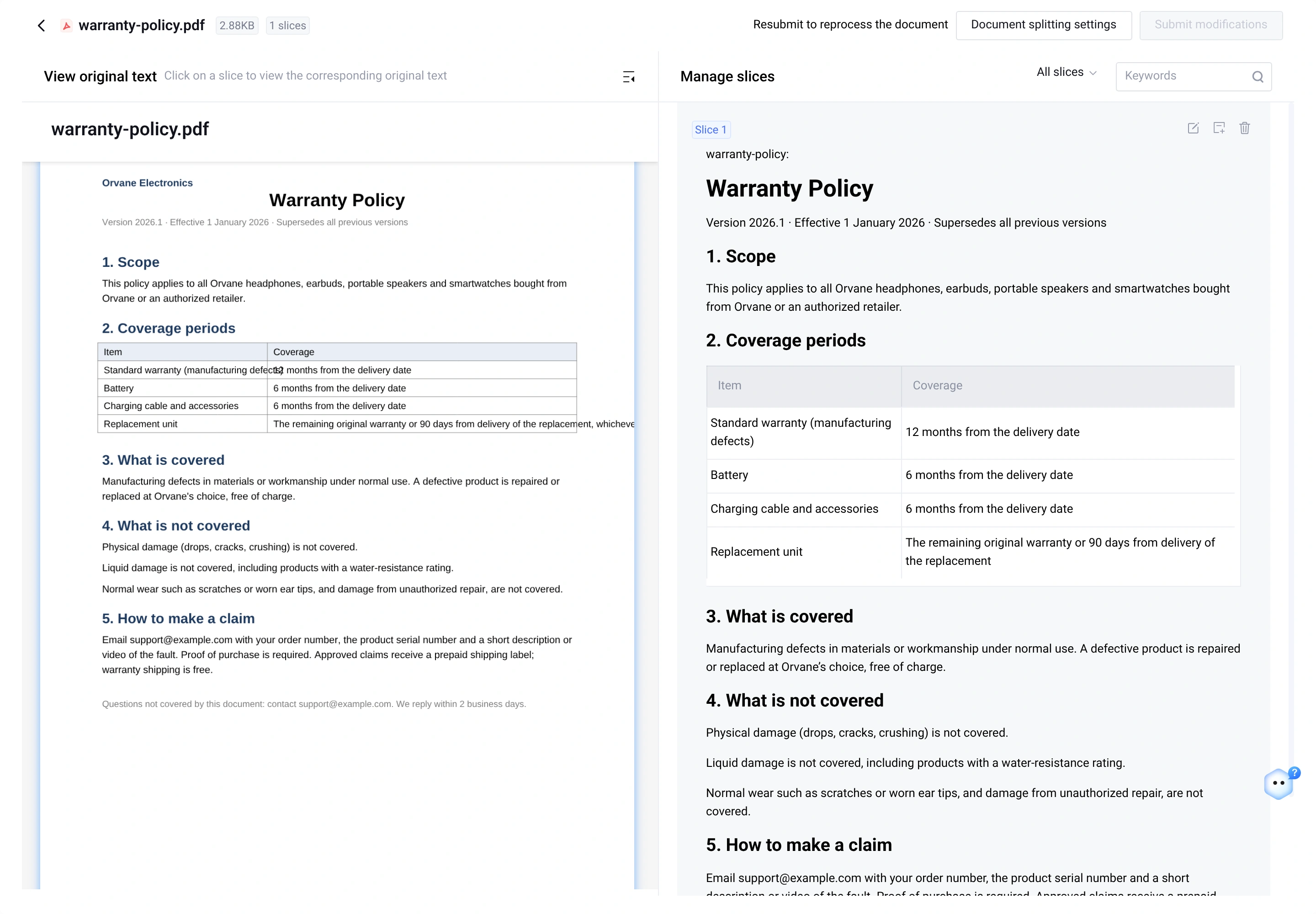 Manage slices view after correcting the slice to 12 months from the delivery date
