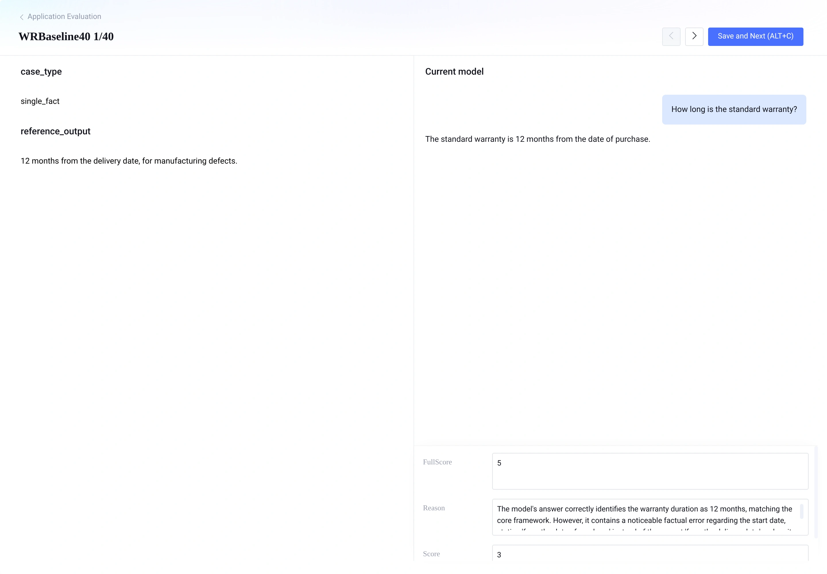Row-level evaluation review showing a 3/5 score on the standard warranty question