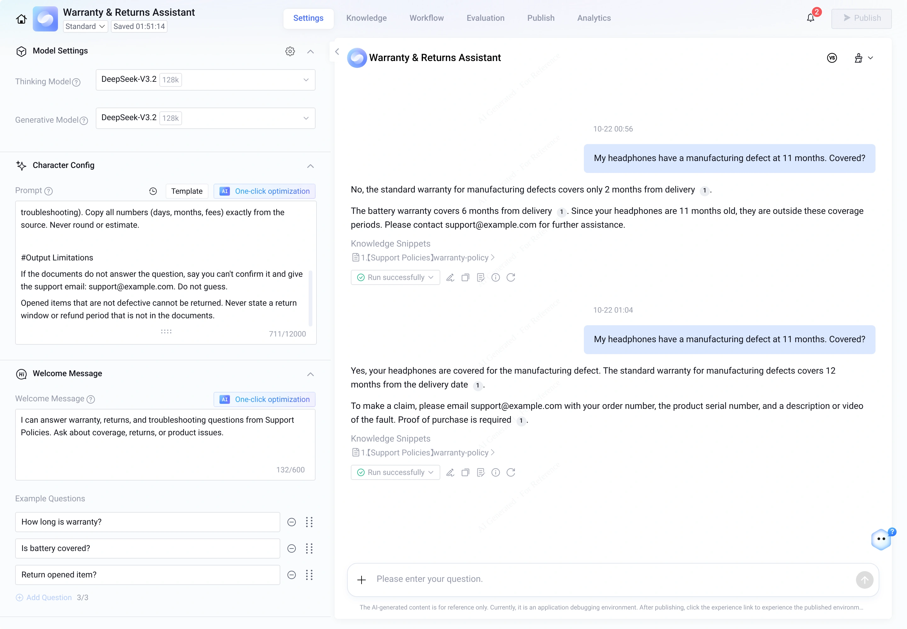 Lower half of the Role Prompt, welcome message, and example questions