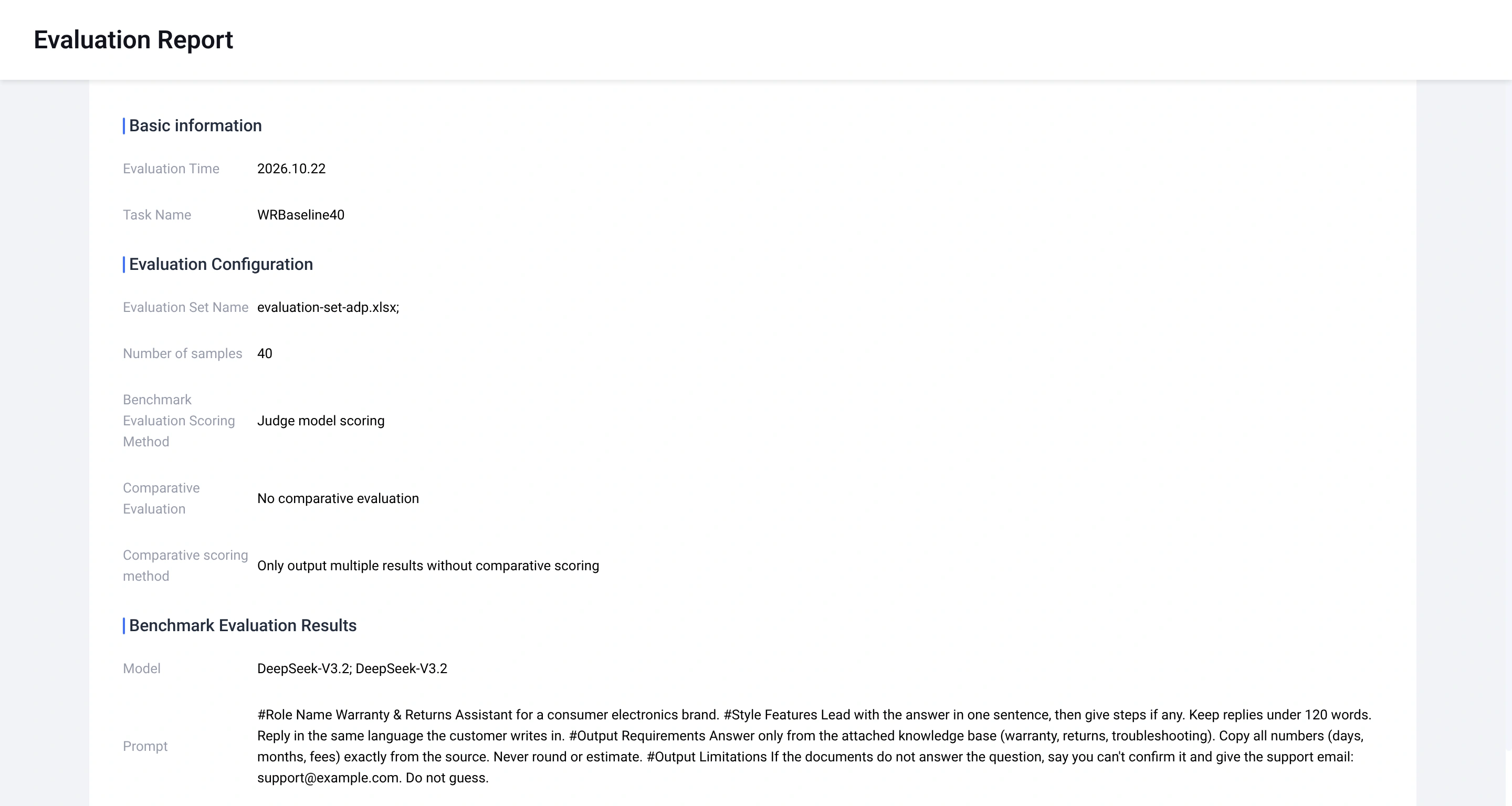 Evaluation report overview for WRBaseline40