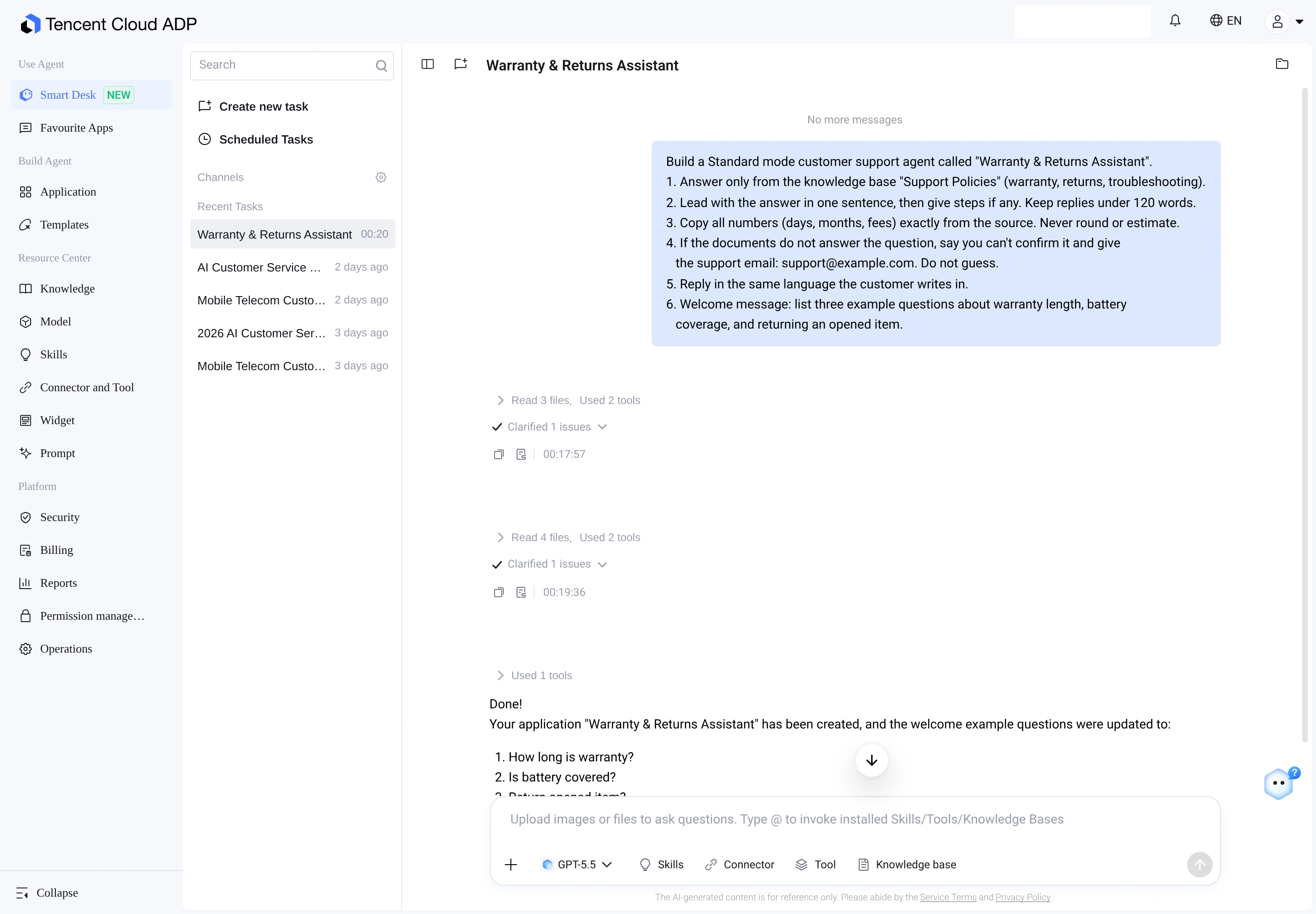 Smart Desk conversation with the build prompt and the app-created confirmation