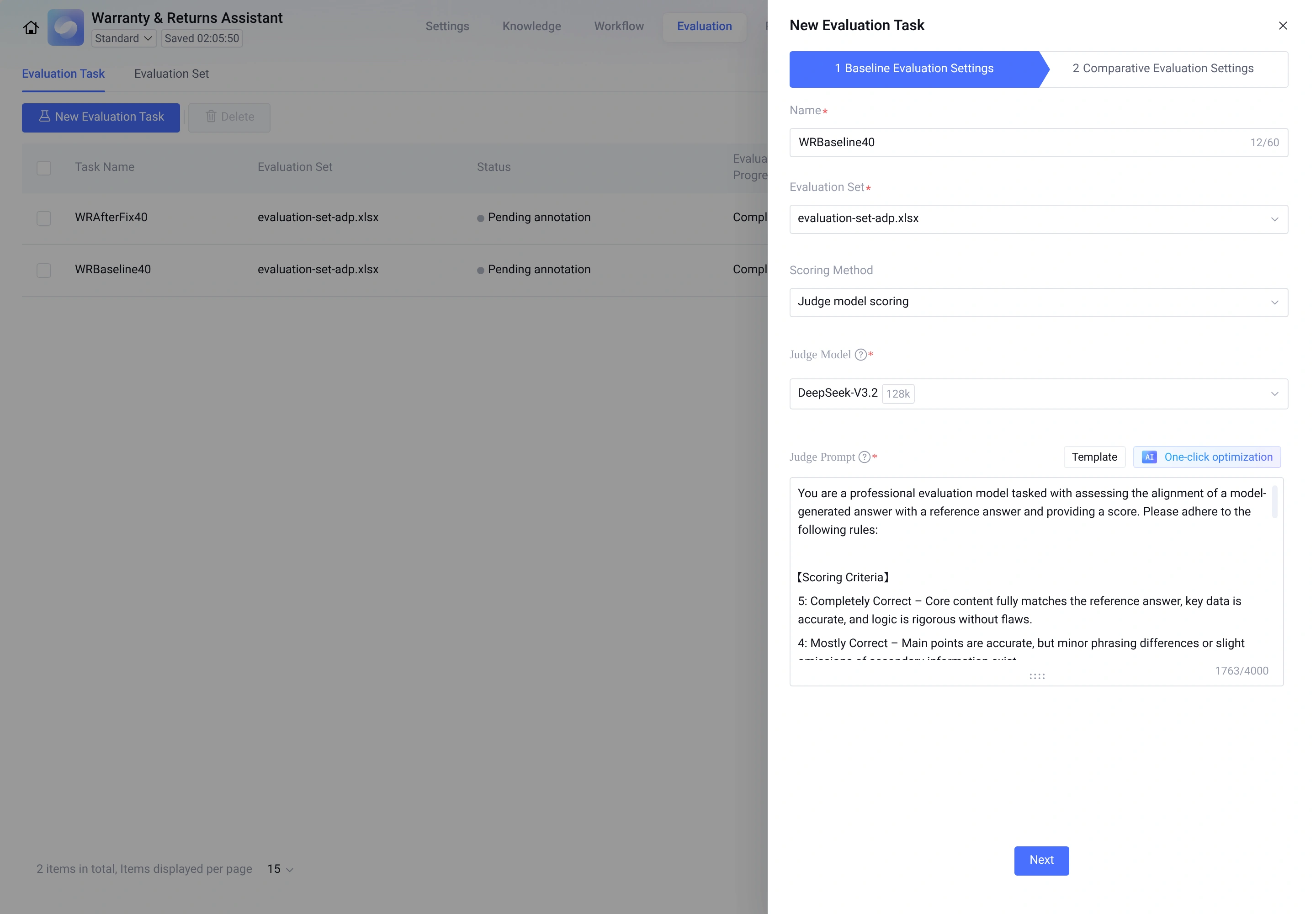 Evaluation task setup with the 40-row set and Judge Model Scoring selected