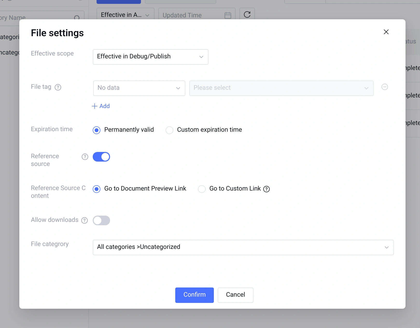 Document settings dialog with Reference source turned on and Go to Document Preview Link selected
